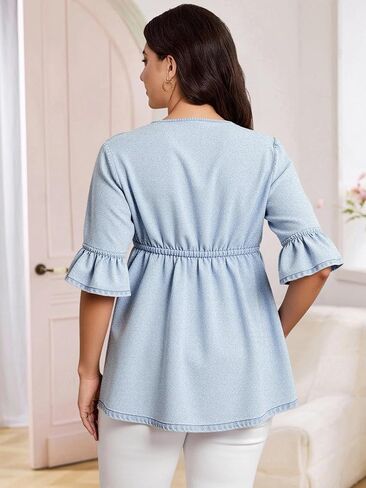 Women's Plus Size Tie Front Denim Jacket Peplum Ruffle Half Sleeve V Neck Jean Shirts in Saudi Arabia