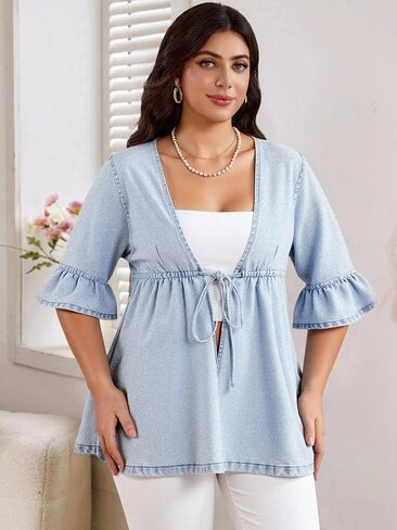 Women's Plus Size Tie Front Denim Jacket Peplum Ruffle Half Sleeve V Neck Jean Shirts in Saudi Arabia