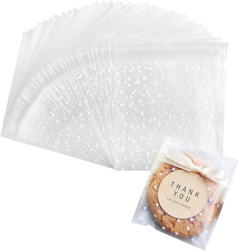Zezzxu 400 Pack Self Adhesive Cookie Bags, Clear Plastic Cellophane Bags with Thank You Stickers, Treat Bags for Candy Pastry Packaging Party Favor Gift Giving (White Polka Dots, 4 x 4 Inches) in Kuwait