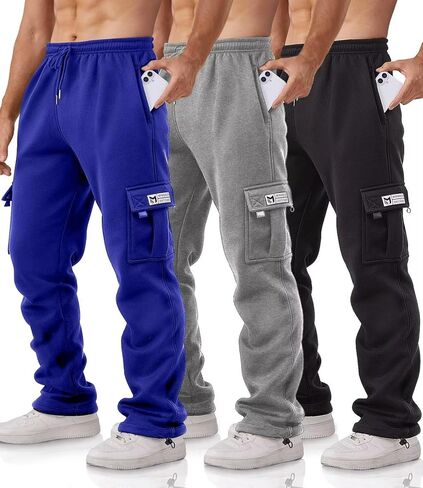 Cargo Pants for Men 3 Pack Relaxed Fit Mens Joggers with Pockets,Fleece Hiking Tactical Workout Pants Casual in Kuwait