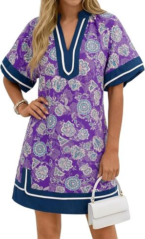 فستان نسائي صيفي قصير من Wenrine بأكمام منتفخة كاجوال ورقبة على شكل حرف V وألوان زاهية وفتحة جانبية وفساتين قميص فضفاضة مع جيوب in Kuwait