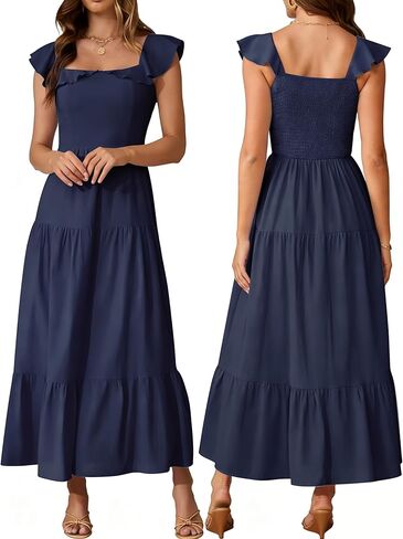 Women's Summer Sleeveless Ruffle Dresses 2026 Square Neck Smocked Backless Boho Flowy Beach A-Line Maxi Sundress in Saudi Arabia
