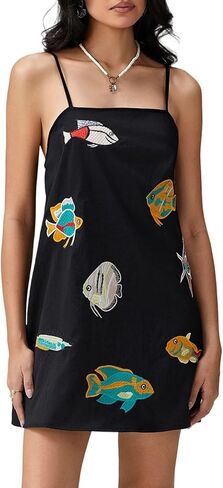 Muineobuka Women Boho Graffiti Cami Mini Dress Spaghetti Strap Colorful Flowy Seashell Fish Printed Summer Beach Sundress in Saudi Arabia