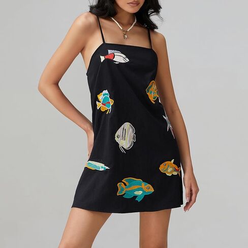 Muineobuka Women Boho Graffiti Cami Mini Dress Spaghetti Strap Colorful Flowy Seashell Fish Printed Summer Beach Sundress in Saudi Arabia