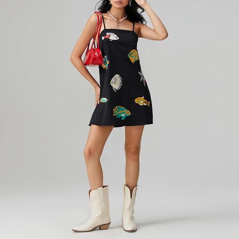 Muineobuka Women Boho Graffiti Cami Mini Dress Spaghetti Strap Colorful Flowy Seashell Fish Printed Summer Beach Sundress in Saudi Arabia