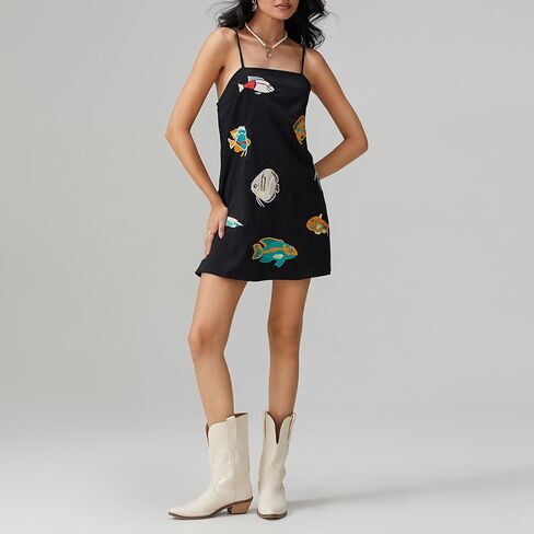 Muineobuka Women Boho Graffiti Cami Mini Dress Spaghetti Strap Colorful Flowy Seashell Fish Printed Summer Beach Sundress in Saudi Arabia