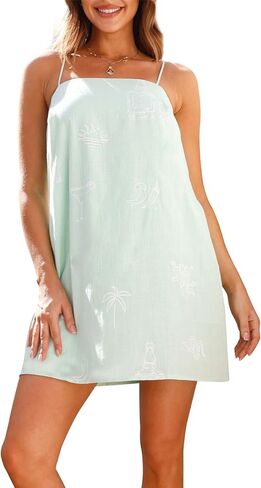 Muineobuka Women Boho Graffiti Cami Mini Dress Spaghetti Strap Colorful Flowy Seashell Fish Printed Summer Beach Sundress in Saudi Arabia