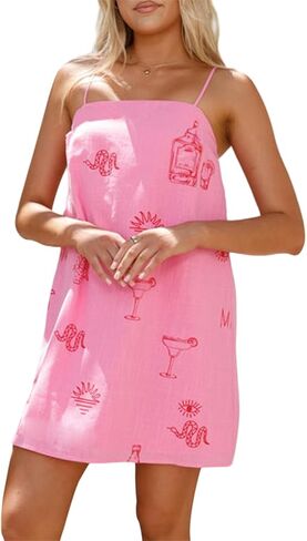 Muineobuka Women Boho Graffiti Cami Mini Dress Spaghetti Strap Colorful Flowy Seashell Fish Printed Summer Beach Sundress in Saudi Arabia