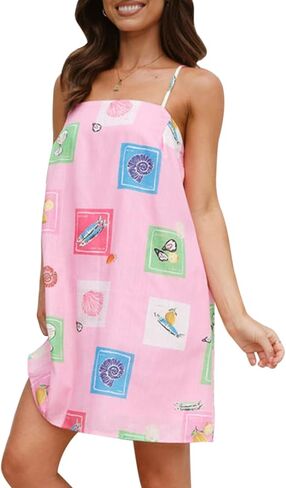 Muineobuka Women Boho Graffiti Cami Mini Dress Spaghetti Strap Colorful Flowy Seashell Fish Printed Summer Beach Sundress in Saudi Arabia
