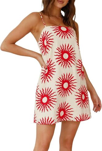 Muineobuka Women Boho Graffiti Cami Mini Dress Spaghetti Strap Colorful Flowy Seashell Fish Printed Summer Beach Sundress in Saudi Arabia