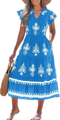 فستان صيفي للنساء فساتين بوهو كاجوال برقبة على شكل حرف V وأكمام قصيرة واسعة فستان متوسط ​​الطول مزين بالزهور مع جيوب in Kuwait