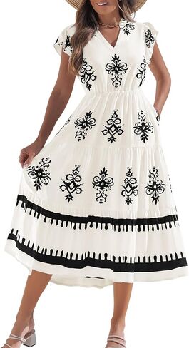 Summer Dress for Women Casual V Neck Boho Dresses Flowy Short Sleeve Midi Dress Floral Vacation Dresses with Pockets in Saudi Arabia