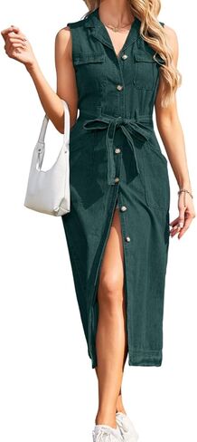 Women's Denim Casual Dress, 2026 Lapel Sleeveless Button Down Shirt Midi Sundress with Pockets in Saudi Arabia