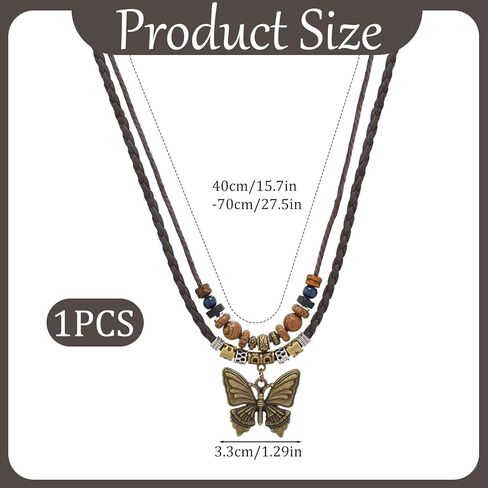 Boho Necklace for Women,Vintage Butterfly Pendant Necklaces,Adjustable Wooden Beads Layered Braided Choker,Fashion Tribal Style Leather Rope Necklace Jewelry,Chunky Statement Gift for Women in Saudi Arabia