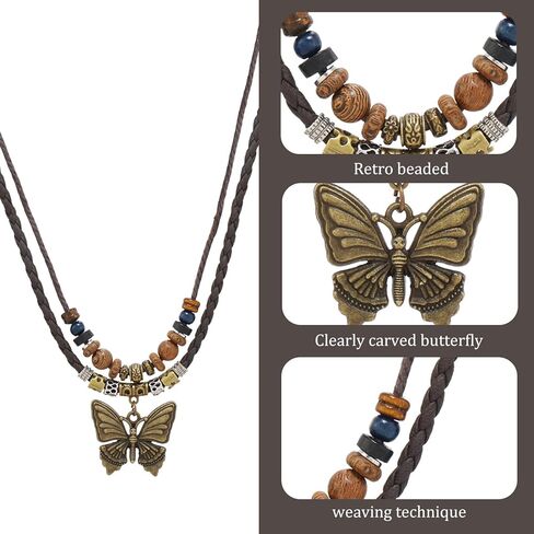 Boho Necklace for Women,Vintage Butterfly Pendant Necklaces,Adjustable Wooden Beads Layered Braided Choker,Fashion Tribal Style Leather Rope Necklace Jewelry,Chunky Statement Gift for Women in Saudi Arabia