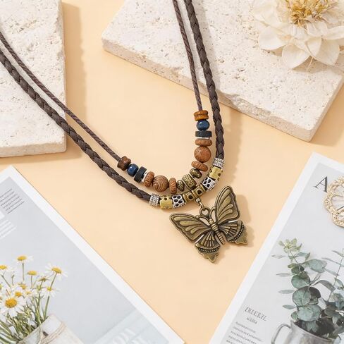 Boho Necklace for Women,Vintage Butterfly Pendant Necklaces,Adjustable Wooden Beads Layered Braided Choker,Fashion Tribal Style Leather Rope Necklace Jewelry,Chunky Statement Gift for Women in Saudi Arabia