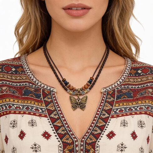Boho Necklace for Women,Vintage Butterfly Pendant Necklaces,Adjustable Wooden Beads Layered Braided Choker,Fashion Tribal Style Leather Rope Necklace Jewelry,Chunky Statement Gift for Women in Saudi Arabia