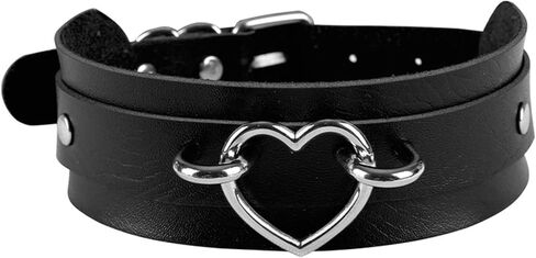 Thick Black Faux Leather Choker Collar with Heart Ring, Gothic Punk Rock Emo Necklace for Women Cosplay in Kuwait