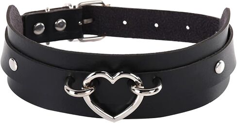 Thick Black Faux Leather Choker Collar with Heart Ring, Gothic Punk Rock Emo Necklace for Women Cosplay in Kuwait