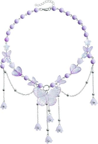 Dreuyet Bohemian Butterfly Tassel Necklace for Women Dainty Resin Y2K Heart Butterfly Choker Charm Crystal Beaded Pendant Necklace Summer Seaside Jewellery in Saudi Arabia