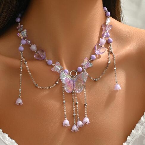 Dreuyet Bohemian Butterfly Tassel Necklace for Women Dainty Resin Y2K Heart Butterfly Choker Charm Crystal Beaded Pendant Necklace Summer Seaside Jewellery in Saudi Arabia