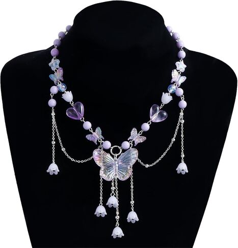 Dreuyet Bohemian Butterfly Tassel Necklace for Women Dainty Resin Y2K Heart Butterfly Choker Charm Crystal Beaded Pendant Necklace Summer Seaside Jewellery in Saudi Arabia