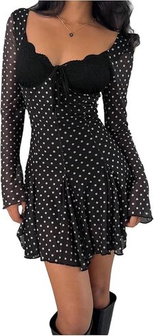 Verdusa Women's Rave Polka Dots Lace Tie Knot Mini Dress Mesh Flare Sleeve Flowy Dresses Party Outfits in Saudi Arabia