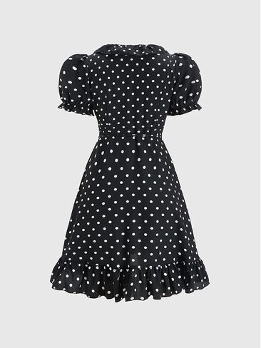 Women's Polka Dots Ruffle Mini Dress Belted Wrap Puff Sleeve V Neck Going Out Dresses in Saudi Arabia
