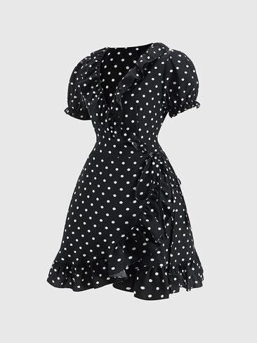 Women's Polka Dots Ruffle Mini Dress Belted Wrap Puff Sleeve V Neck Going Out Dresses in Saudi Arabia