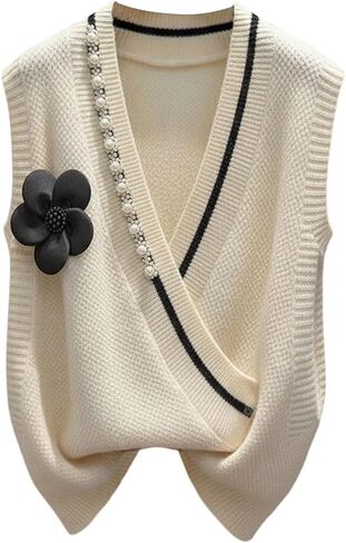 Women's 3 D Floral Pearl Sweater Vest V Neck Sleeveless Knit Vest Elegant Tops in Saudi Arabia