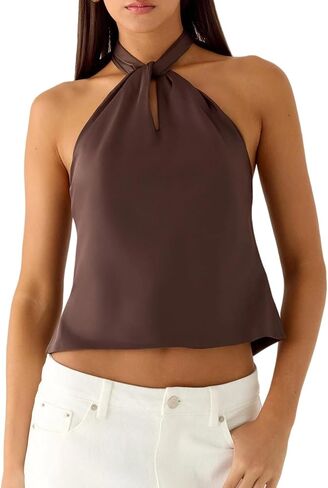 Women Twist Front Halter Top Scarf Keyhole Tie Back Silk Tops Sexy Open Back Summer Going Out Camisole in Saudi Arabia