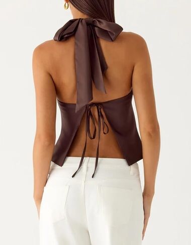 Women Twist Front Halter Top Scarf Keyhole Tie Back Silk Tops Sexy Open Back Summer Going Out Camisole in Saudi Arabia