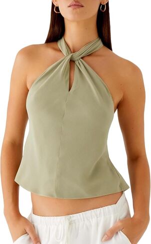 Women Twist Front Halter Top Scarf Keyhole Tie Back Silk Tops Sexy Open Back Summer Going Out Camisole in Saudi Arabia