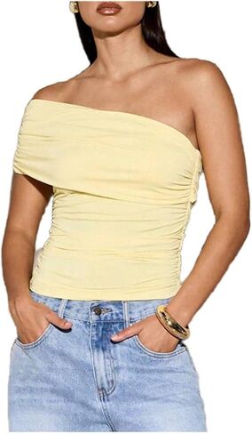 Milumia Women's Asymmetrical Crop Top Y2K Off The Shoulder Ruched Sleeveless Going Out Tops in Saudi Arabia