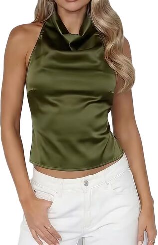 Women Satin Halter Tops Y2k High Cowl Neck Sexy Backless Cami Tank Shirt Cute Summer Going Out Top in Saudi Arabia