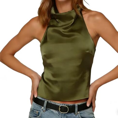 Women Satin Halter Tops Y2k High Cowl Neck Sexy Backless Cami Tank Shirt Cute Summer Going Out Top in Saudi Arabia
