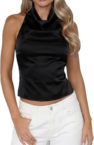 Women Satin Halter Tops Y2k High Cowl Neck Sexy Backless Cami Tank Shirt Cute Summer Going Out Top in Saudi Arabia