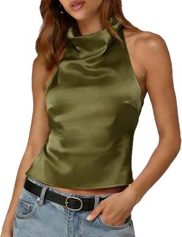Women Satin Halter Tops Y2k High Cowl Neck Sexy Backless Cami Tank Shirt Cute Summer Going Out Top in Saudi Arabia