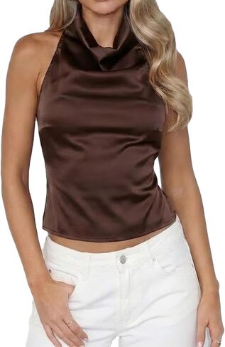 Women Satin Halter Tops Y2k High Cowl Neck Sexy Backless Cami Tank Shirt Cute Summer Going Out Top in Saudi Arabia