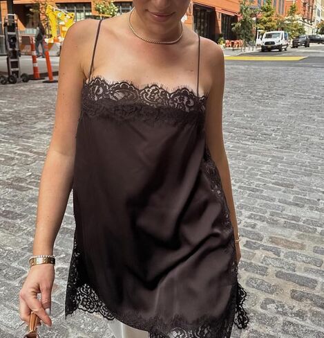 Women Satin Lace Trim Cami Top Elegant Square Neck Spaghetti Strap Tank Tops Silky Side Slit Flowy Camisole in Saudi Arabia