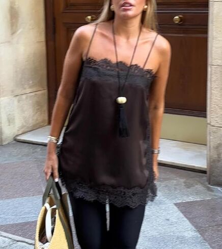 Women Satin Lace Trim Cami Top Elegant Square Neck Spaghetti Strap Tank Tops Silky Side Slit Flowy Camisole in Saudi Arabia