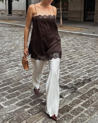 Women Satin Lace Trim Cami Top Elegant Square Neck Spaghetti Strap Tank Tops Silky Side Slit Flowy Camisole in Saudi Arabia