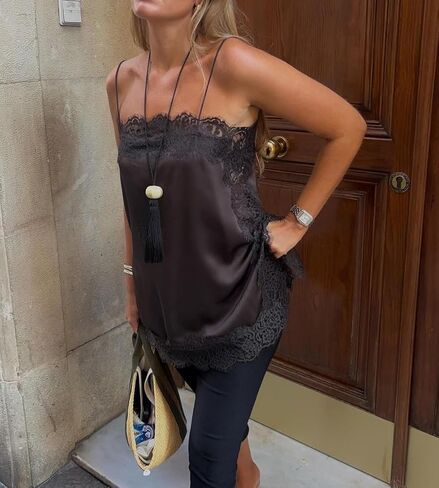 Women Satin Lace Trim Cami Top Elegant Square Neck Spaghetti Strap Tank Tops Silky Side Slit Flowy Camisole in Saudi Arabia
