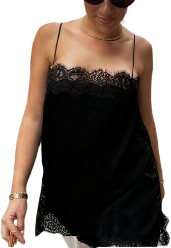 Women Satin Lace Trim Cami Top Elegant Square Neck Spaghetti Strap Tank Tops Silky Side Slit Flowy Camisole in Saudi Arabia