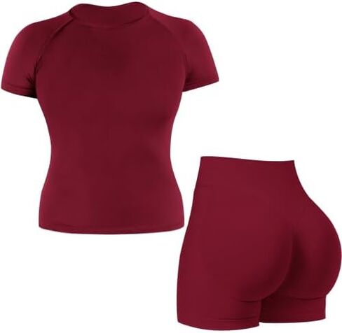 Workout Sets for Women 2 Piece Seamless Shorts SLeeve Tops Scrunch Butt Impact Shorts Gym Yoga Outfits in Saudi Arabia