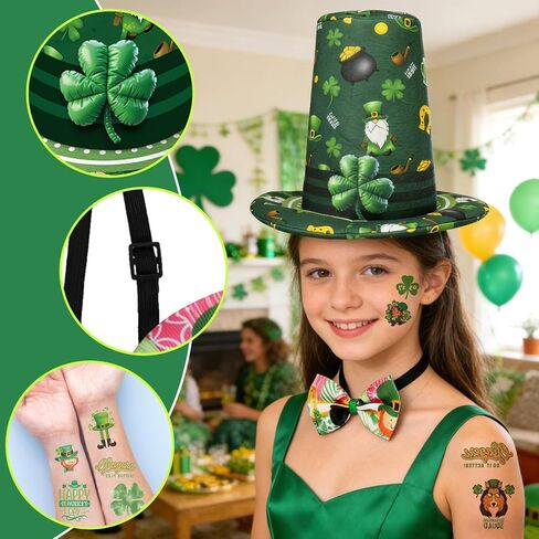 Simple polymer St Patrick's Day Hat with Bow Tie and Tattoo Leprechaun Hat irish Green Top Hat for Men and Women St Patricks Day Accessories in Kuwait