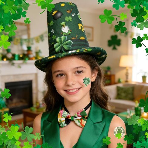 Simple polymer St Patrick's Day Hat with Bow Tie and Tattoo Leprechaun Hat irish Green Top Hat for Men and Women St Patricks Day Accessories in Kuwait