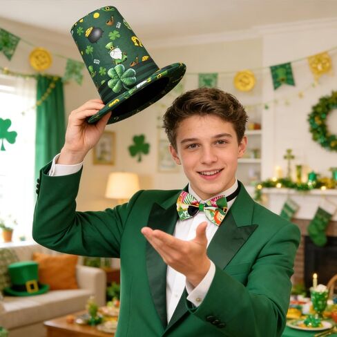 Simple polymer St Patrick's Day Hat with Bow Tie and Tattoo Leprechaun Hat irish Green Top Hat for Men and Women St Patricks Day Accessories in Kuwait