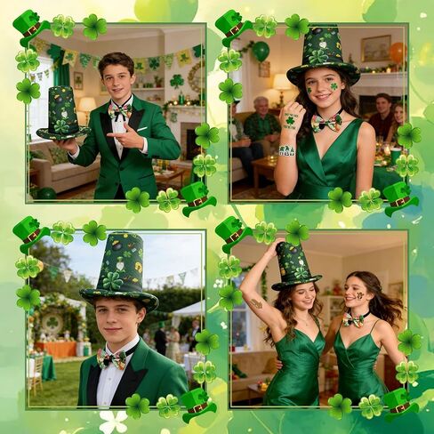 Simple polymer St Patrick's Day Hat with Bow Tie and Tattoo Leprechaun Hat irish Green Top Hat for Men and Women St Patricks Day Accessories in Kuwait
