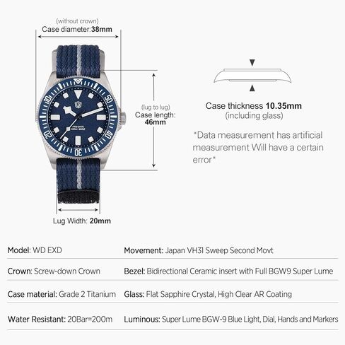 watchdives 38mm EXD Titanium Diver Watch Japan VH31 Sweep Second Quartz Watches Sapphire Crystal Wristwatch Analog Luminous Waterproof Watch for Men in Kuwait